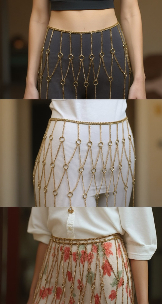 Women Gold Metal Chain Circle Rings Skirt Long Tassel Sexy Belt High Waist S M - Picture 1 of 17